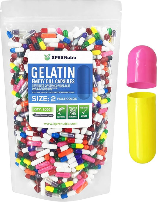 XPRS Nutra Size 2 Empty Capsules - 1000 Count Empty Gelatin Capsules - Empty Pill Capsules - DIY Capsule Filling - Pure Bovine Pill Capsules Empty Gel Caps (Multi Color)