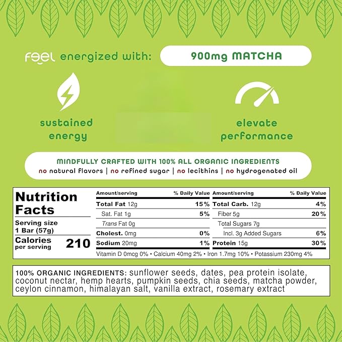 Feel Vegan Protein Bars | Matcha Latte | Keto | Gluten Free | Organic | 15g Plant Protein | Low Carb | High Protein | Dairy Free | Low Sugar | Grain Free | Nut Free | Soy Free | Non GMO - (Matcha Latte, 10 Pack)