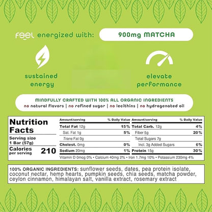Feel Vegan Protein Bars | Matcha Latte | Keto | Gluten Free | Organic | 15g Plant Protein | Low Carb | High Protein | Dairy Free | Low Sugar | Grain Free | Nut Free | Soy Free | Non GMO - (Matcha Latte, 10 Pack)