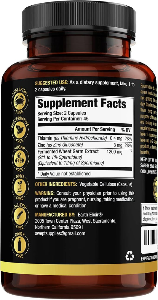 Spermidine Supplements 1200mg (90 Capsules) – Anti Aging - 3rd Party Tested (12mg Spermidine Powder) Max Purity - 100% Pure Espermidina- Fermented Wheat Germ Extract - NMN Alternative