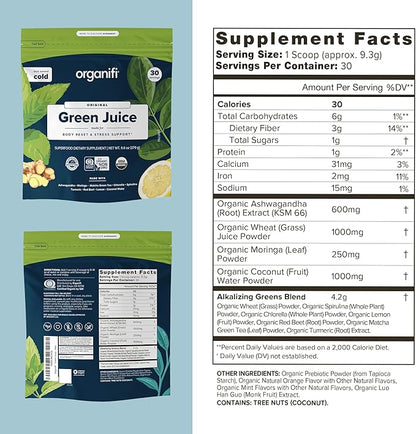 Organifi Green Juice - Organic Superfood Powder - 90-Day Supply - Organic Vegan Greens - Helps Decrease Cortisol - Provides Better Response to Stress - Supports Weight Control - Total Body Wellness