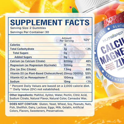 Calcium Magnesium Zinc Supplement Gummies - with Vitamin D3 K2 Magnesium Glycinate - Orange Berry Flavored Vegan Sugar-Free Gluten Free Chewable for Men Women Kids