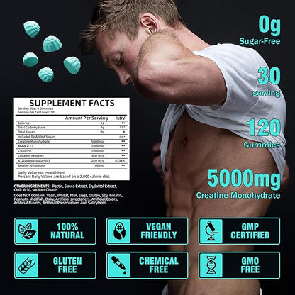 Creatine Monohydrate Gummies 5g for Men 120 Creatine 1000 mg, B12, Chewables 1Pack
