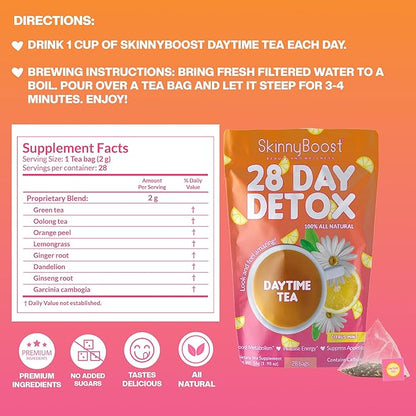 SkinnyBoost 28 Day Detox Tea Kit – Natural Cleansing & Bloating Support – 3 Pack - 28 Daytime Tea Bags & 14 Evening Tea Bags – Green Tea & Herbal Blend – Non-GMO, Vegan, Keto-Friendly, Sugar-Free