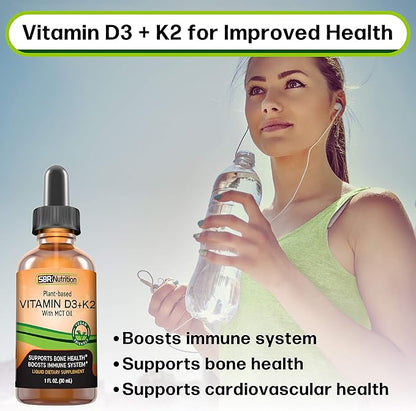 Vegan Vitamin D3 + K2 (MK-7) Liquid Drops with MCT Oil, Peppermint Flavor, Helps Support Strong Bones and Healthy Heart