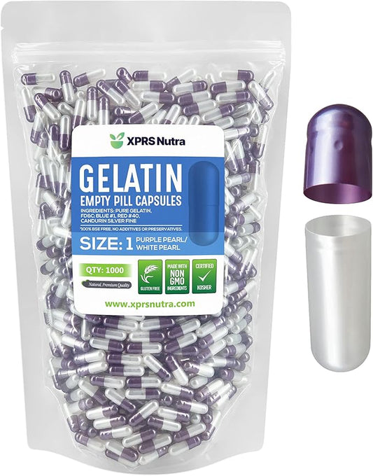 XPRS Nutra Size 1 Empty Capsules - 1000 Count Empty Gelatin Capsules - Empty Pill Capsules - DIY Capsule Filling - Pure Bovine Pill Capsules Empty Gel Caps (Pearl Purple/White)