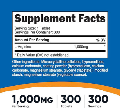 Nutricost L-Arginine 1000mg, Amino Acid Tablets (300 Tablets)