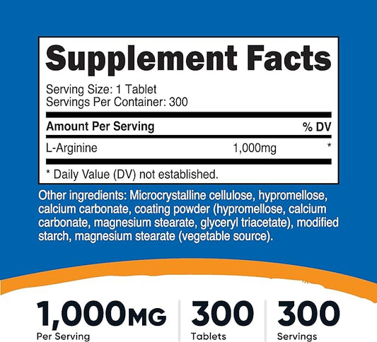 Nutricost L-Arginine 1000mg, Amino Acid Tablets (300 Tablets)