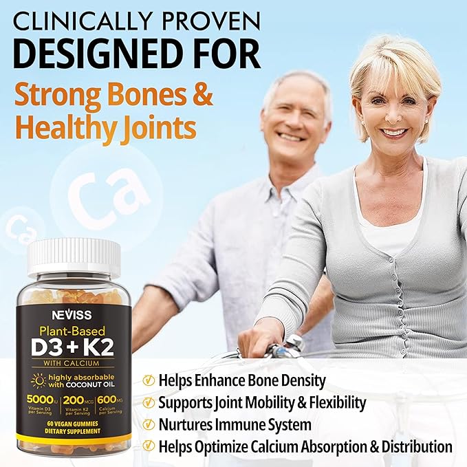 Vitamin D3 5000iu & K2( as MK7 ) 200mcg Gummies 600mg Calcium, D3 K2 K2 Supplement 2Packs
