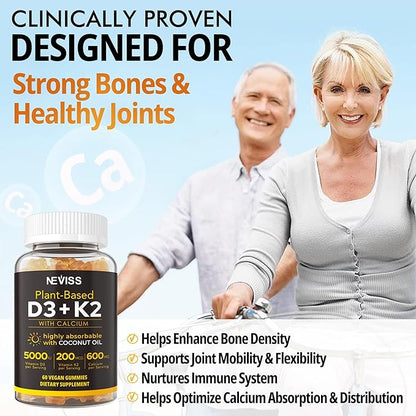 Vitamin D3 5000iu & K2( as MK7 ) 200mcg Gummies 600mg Calcium, D3 K2 K2 Supplement 2Packs