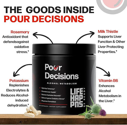 Life Happns Pour Decisions Liver Health Supplement with Milk Thistle, Vitamin B6, Electrolytes - Supports Hydration and Recovery, 60 Capsules
