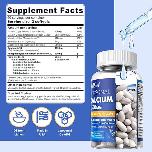 Liposomal Calcium AKG Supplement 1500mg D3 K2 K2 for 5 Billion 120 Softgels