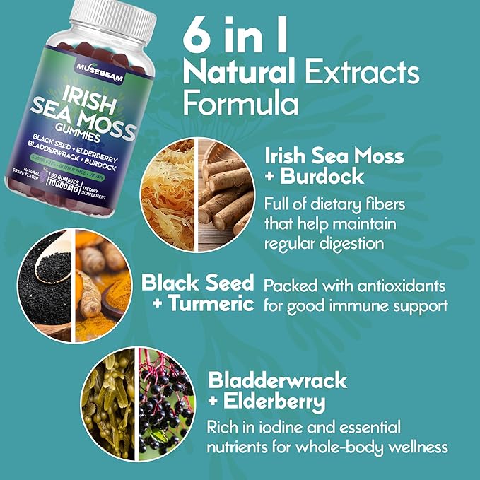 Irish Sea Moss Gummies 10000mg - with Black Seed Elderberry Bladderwrack Burdock Turmeric Omega-3 Vitamins C D3 Zinc - Seamoss Supplements for Adults Women Men - Sugar-Free Gluten Free Vegan