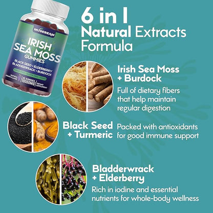 Irish Sea Moss Gummies 10000mg - with Black Seed Elderberry Bladderwrack Burdock Turmeric Omega-3 Vitamins C D3 Zinc - Seamoss Supplements for Adults Women Men - Sugar-Free Gluten Free Vegan