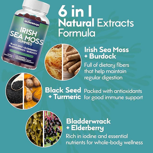 Irish Sea Moss Gummies 10000mg - with Black Seed Elderberry Bladderwrack Burdock Turmeric Omega-3 Vitamins C D3 Zinc - Seamoss Supplements for Adults Women Men - Sugar-Free Gluten Free Vegan