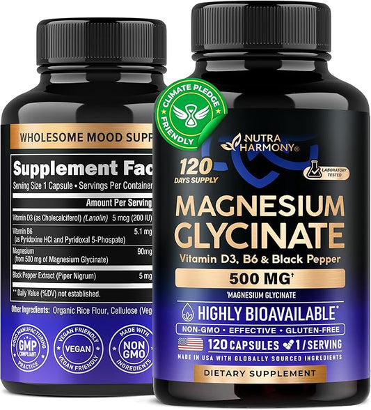 Magnesium Glycinate 500 mg D3 & B6 - 98% Absorption 120 Capsules, 4 Month