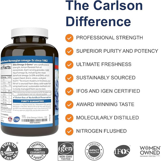 Carlson - Elite Omega-3 Gems, 1600 Omega-3 Fatty 3 Fish 130 Softgels