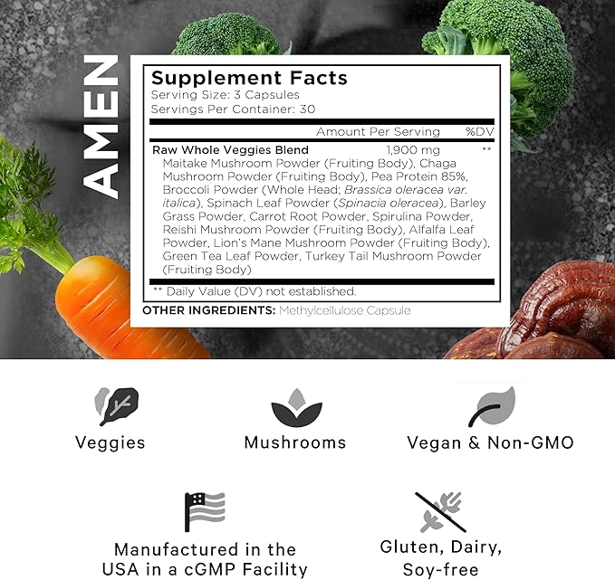 Amen Veggies, Daily Veggies Vitamins Supplement, Vegetables Vegan Blend & Whole-Food Raw Greens Multivitamin Capsules, Mushroom Complex, Superfood, Minerals, Green Vegetable Nutrients, Non-GMO, 90 ct
