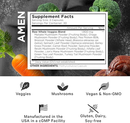 Amen Veggies, Daily Veggies Vitamins Supplement, Vegetables Vegan Blend & Whole-Food Raw Greens Multivitamin Capsules, Mushroom Complex, Superfood, Minerals, Green Vegetable Nutrients, Non-GMO, 90 ct