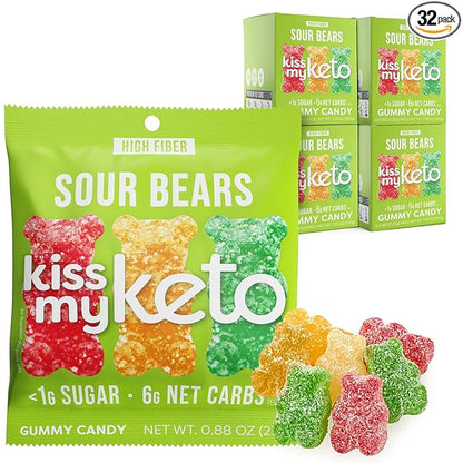Kiss My Keto Gummies Candy – Low Carb Candy Sour Bears, Keto Snack Pack – Healthy Candy Gummys – Vegan Candy, Keto Gummy Candy – Keto Candy Gummies (32-pack)