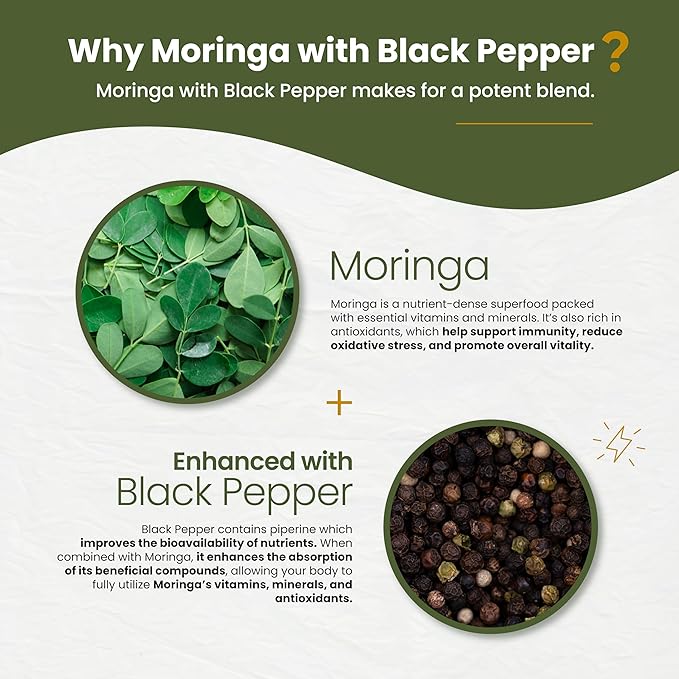Organic Moringa Supplement (1480mg) with Black Pepper – 92 Nutrients & 46 Antioxidants – Natural Multivitamin for Energy, Immunity, Digestion & Detox – 120 Uncoated Vegan Tablets