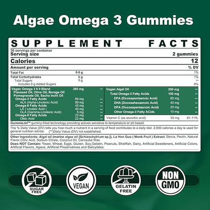 Vegan Omega 3 Gummies, Sugar Free 3 Fish 3-6-9 Fatty Omega-3 Gummies 60 Counts