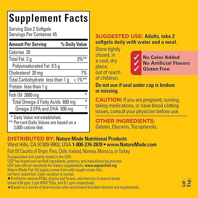 Nature Made Fish Oil 1000 mg 3 Fish 3 Supplement 90 Softgels, 45 Day