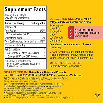 Nature Made Fish Oil 1000 mg 3 Fish 3 Supplement 90 Softgels, 45 Day