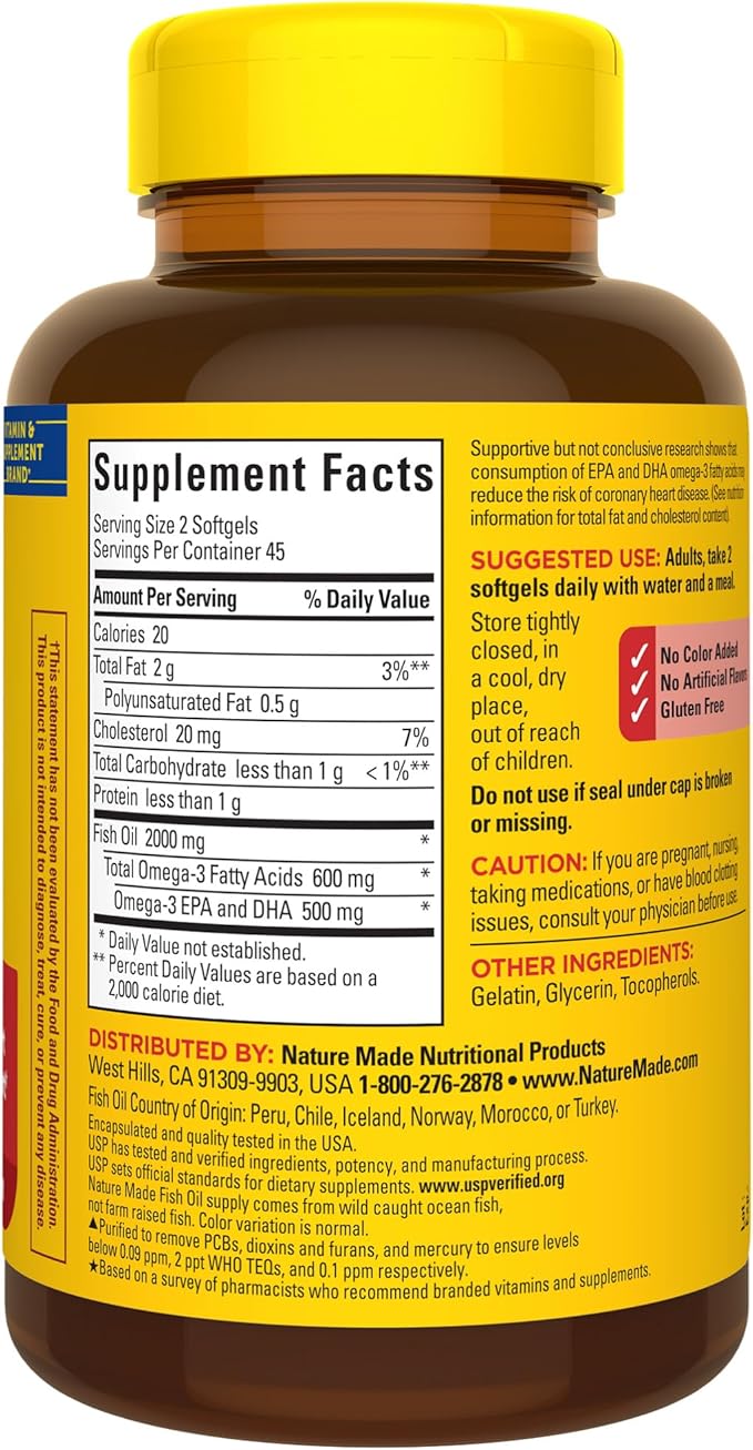 Nature Made Fish Oil 1000 mg 3 Fish 3 Supplement 90 Softgels, 45 Day