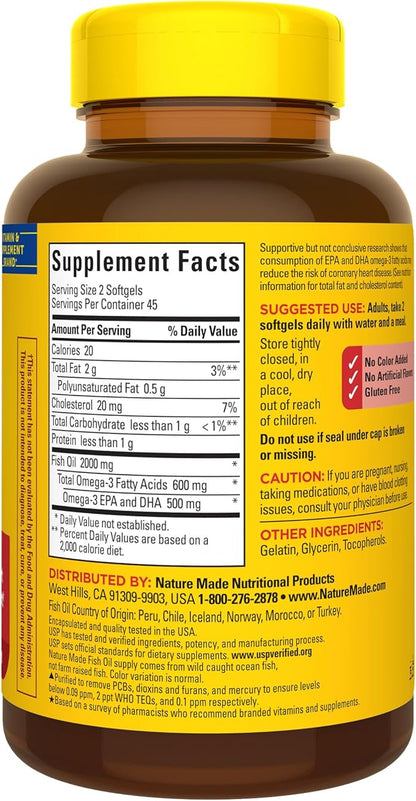 Nature Made Fish Oil 1000 mg 3 Fish 3 Supplement 90 Softgels, 45 Day