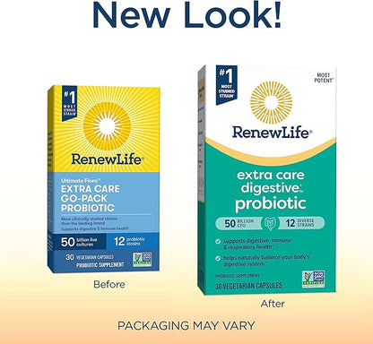 Renew Life Extra Care Go-Pack Probiotic Capsules, Daily Supplement Supports Immune, Digestive and Respiratory Health, L. Rhamnosus GG, Dairy, Soy and gluten-free, 50 Billion CFU, 30 Ct