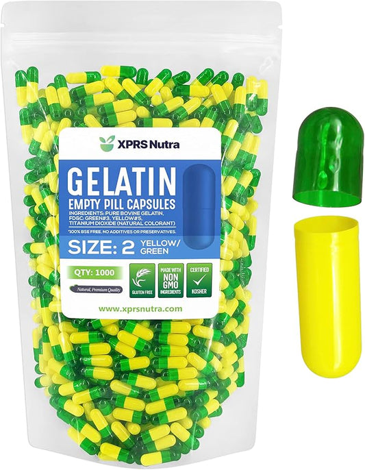 XPRS Nutra Size 2 Empty Capsules - 1000 Count Empty Gelatin Capsules - Empty Pill Capsules - DIY Capsule Filling - Pure Bovine Pill Capsules Empty Gel Caps (Green/Yellow)
