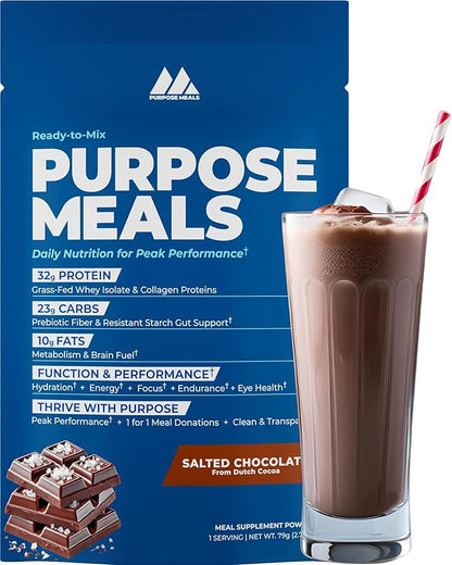 Meal Replacement Shake Powder, Grass Fed Whey Protein Isolate & Collagen, Prebiotics Gut Health, Electrolytes, Organic Mushrooms, Breakfast, Lunch, Post-Workout (1 Meal Travel Pack, Salted Chocolate)