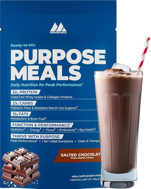 Meal Replacement Shake Powder, Grass Fed Whey Protein Isolate & Collagen, Prebiotics Gut Health, Electrolytes, Organic Mushrooms, Breakfast, Lunch, Post-Workout (1 Meal Travel Pack, Salted Chocolate)
