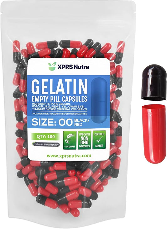 XPRS Nutra Size 00 Empty Capsules - 100 Count Empty Gelatin Capsules - Empty Pill Capsules - DIY Capsule Filling - Fillable Pill Capsules Empty Gel Caps (Black/Red)