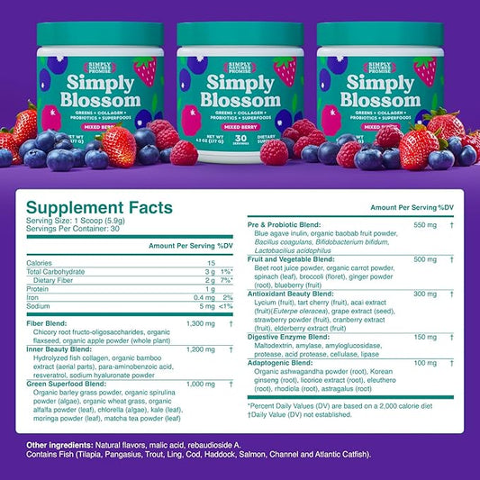 Simply Nature's Promise Blossom Nutrition - Daily Greens & Superfood Powder + Collagen + Probiotics for Women's Digestive Health & Bloating Relief. Help Your Health Bloom - 3 Month Supply