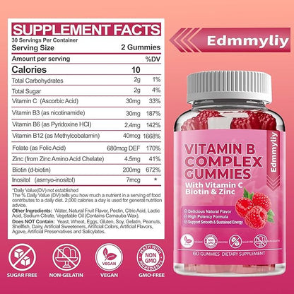 Vitamin B Complex Vegan Gummies B3, B6, B6, Biotin, B9 Folate, B12 with