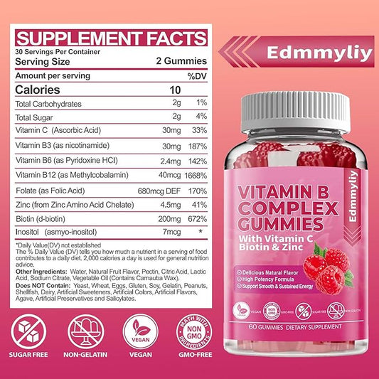 Vitamin B Complex Vegan Gummies B3, B6, B6, Biotin, B9 Folate, B12 with