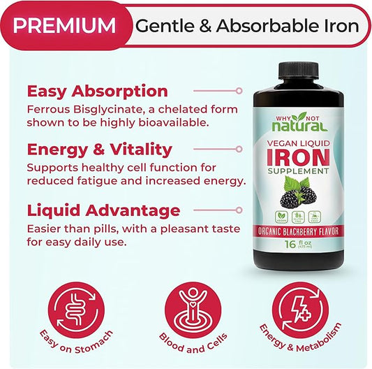 Why Not Natural Liquid Iron Supplement for Women, Men and Kids, Vegan Formulation for Anemia, Sugar Free, Vegan, Non-GMO, Organic BlackBerry Flavor 16 Fl Oz