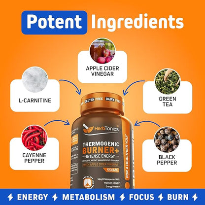 Herbtonics Thermogenic Burner + Apple Cider Vinegar – Weight Management Supplement for Women & Men, Supports Appetite Management, Metabolism & Energy, 60 Vegetarian Capsules
