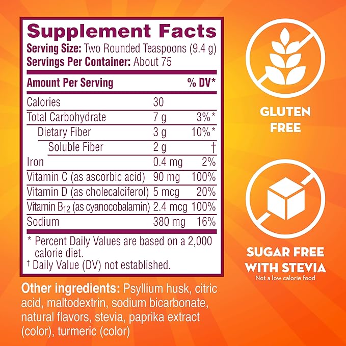 Metamucil 4-in-1 Fiber + Vitamins C, B12, Fizzy B12, Citrus 90 servings