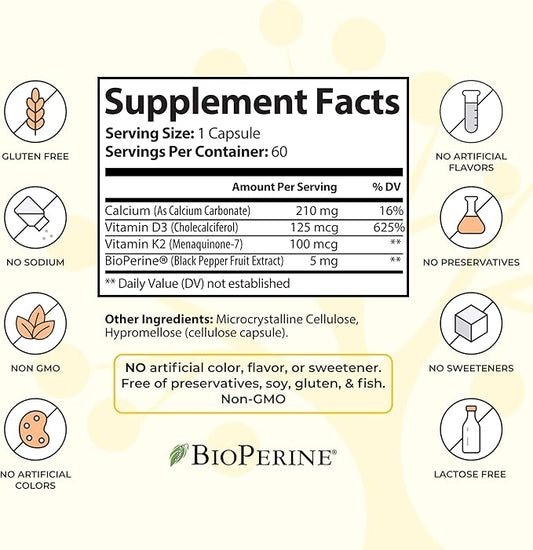 Vitamin D3 K2 Supplement 5000 IU D3 and 100 mcg K2 (MK7) (MK7) for 60 Vegan