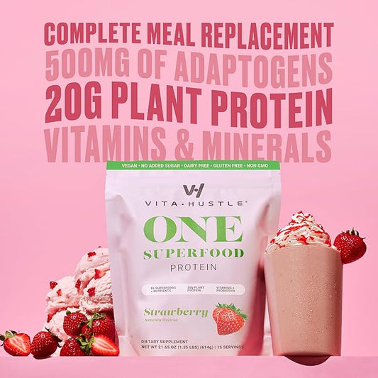 VitaHustle ONE - Superfood Meal Replacement Powder, Plant Based Protein Shake Powder, Vegan. 86 Superfoods, Vitamins, & Minerals, Ashwagandha, Adaptogens. Founded by Kevin Hart. (Strawberry 2-Pack)