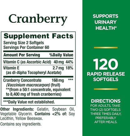 Nature's Bounty Cranberry Fruit 4200 mg, Plus Vitamin C, 120Softgels..