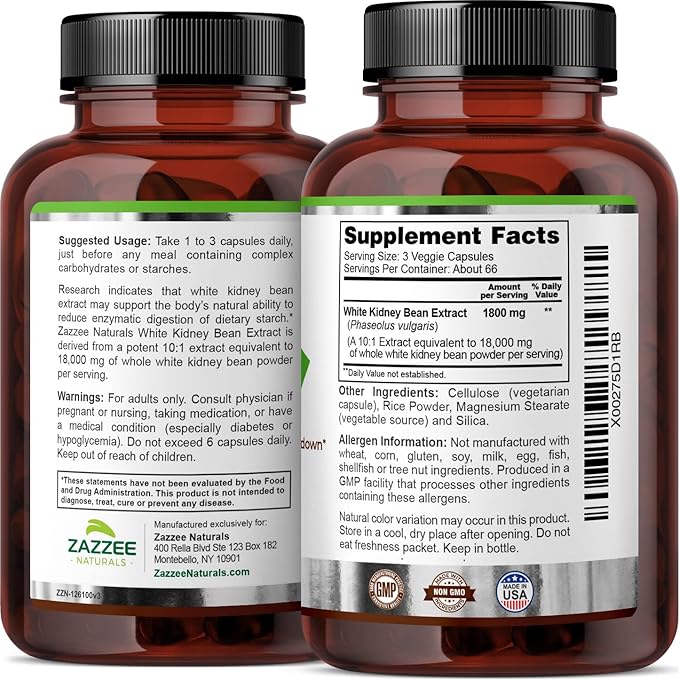 Zazzee White Kidney Bean 10:1 Extract, 18,000 mg 200 Vegan 2 Month 10X Extract, 100% Vegetarian,
