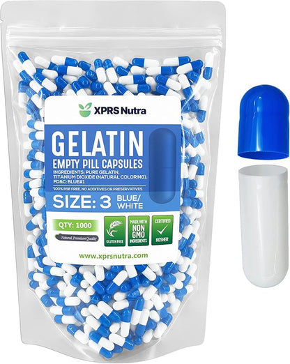 XPRS Nutra Size 3 Empty Capsules - 1000 Count Empty Gelatin Capsules - Empty Pill Capsules - DIY Capsule Filling - Pure Bovine Pill Capsules Empty Gel Caps (Blue/White)