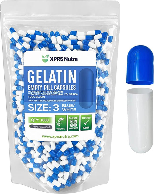 XPRS Nutra Size 3 Empty Capsules - 1000 Count Empty Gelatin Capsules - Empty Pill Capsules - DIY Capsule Filling - Pure Bovine Pill Capsules Empty Gel Caps (Blue/White)