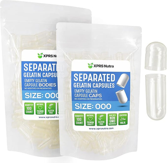 XPRS Nutra Separated Capsules Size 000-100 Count Large Empty Gelatin Capsules Separated in Bags - Premium Clear Empty Capsules - Empty 000 Capsules - Pill Capsules Empty for DIY Supplement Filling