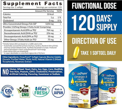 LABO Nutrition OmaxPure Omega 3 Fish 1125mg Omega-3 Omega-3 with 120 Count, CO2 Extracted