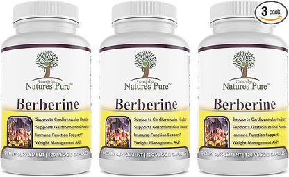 Simply Natures Pure Premium Berberine HCl 500mg - 120 Capsules - Cardiovascular Gastrointestinal Immune Support - Chromium Cinnamon (Pack of 3)